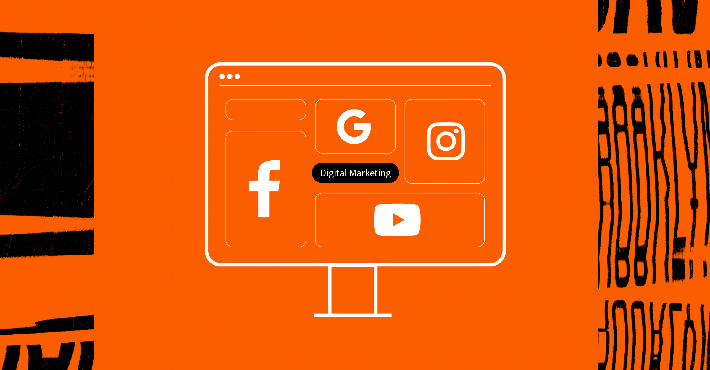 Why Digital Marketing Investment for the Long Term is Important Graphic - Featuring Google, Facebook, Instagram, and Youtube Logos on a computer screen.